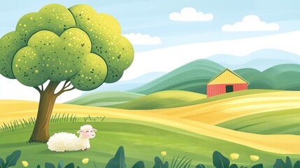 Obraz premium Cute Cartoon Sheep in a Farm Landscape Illustration
