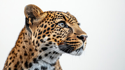 Leopard Portrait,  Proud leopard gazing away from the camera, showcasing its beauty against a clean white background, ideal for wildlife photography