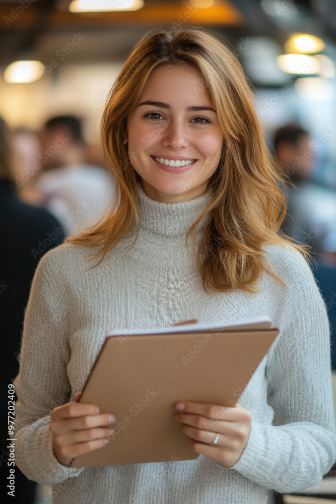 Poster project coordinator, a female project coordinator holding mockup notebook computer and smiling to ca