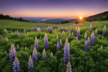 A meadow filled with purple lupines and green grass with the sun setting behind distant hills, AI Generated