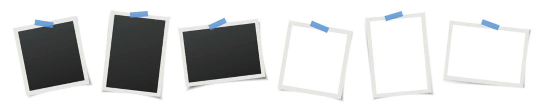 Realistic polaroid photo frame set. Vector vintage photo frames with overlay shadows on white background. 3d instant photos. Square, vertical, horizontal photo templates. 