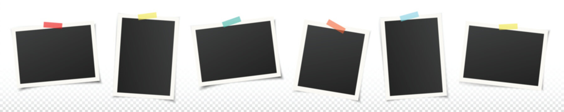 Polaroid photo frames collection vector. Empty black photo frame mockup with shadow. Transparent multi-colored tape.