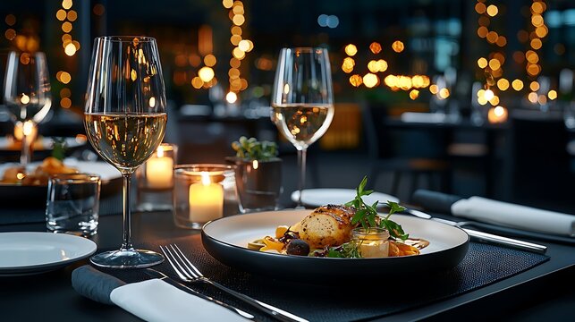A romantic dinner table is set with candles, wine glasses, and gourmet food, ready for an intimate evening.