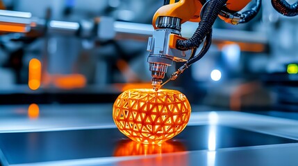 An industrial robot arm 3D prints a bright orange sphere, embodying the future of manufacturing.