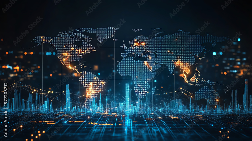 Poster a digital world map visualizing global connections with glowing lights and data streams, perfect for