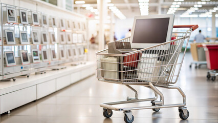 Shopping cart with a new laptop in a tech store during Black Friday sales