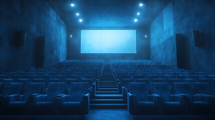 Naklejka premium Blue Movie Theater Elegance - Cozy Shot of Plush Seats and Ambient Screen Lighting