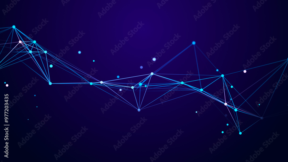 Poster Abstract background with interweaving of colored lines and dots. Network connection structure. Data exchange. 3D