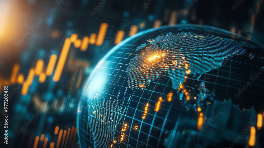 Poster a high-tech globe visualizing global connections and data analytics with vibrant charts and lights, 