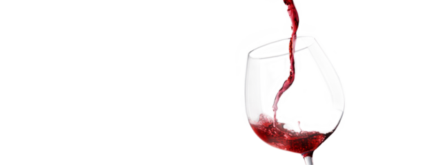 A close-up of red wine being poured into a glass, isolated on a white background. The splash and flow of the liquid capture a dynamic moment.