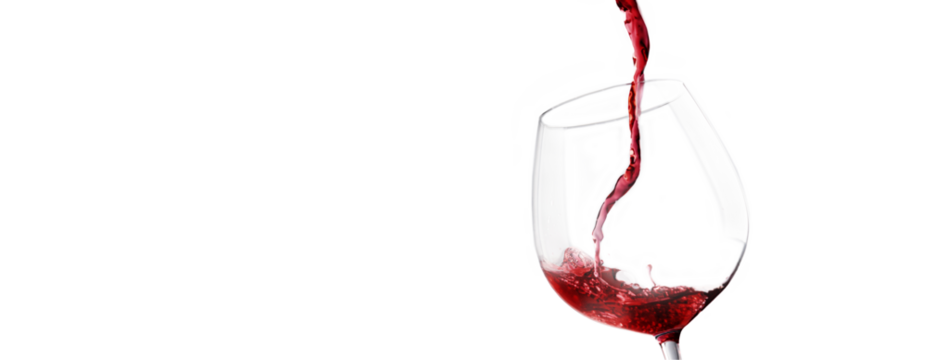A close-up of red wine being poured into a glass, isolated on a white background. The splash and flow of the liquid capture a dynamic moment.