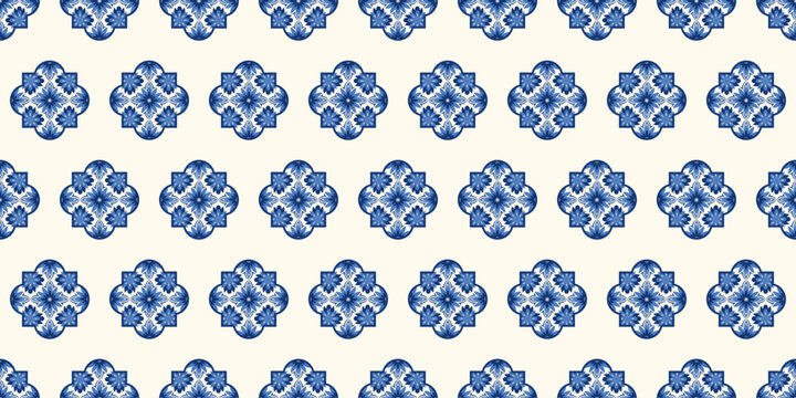Seamless navy blue and white azulejo pattern inspired by traditional Mediterranean and Portuguese tiles. Ornate damask fabric swatch. Floral and geometric ethnic motifs. Moroccan ceramic background.