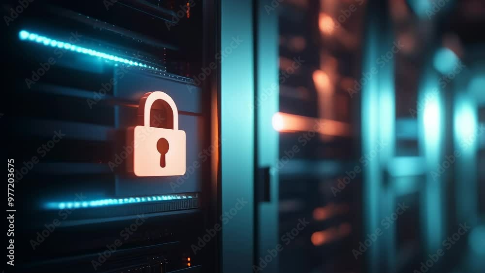 Poster Cybersecurity concept with a padlock icon on a data server. Business security and data protection systems.