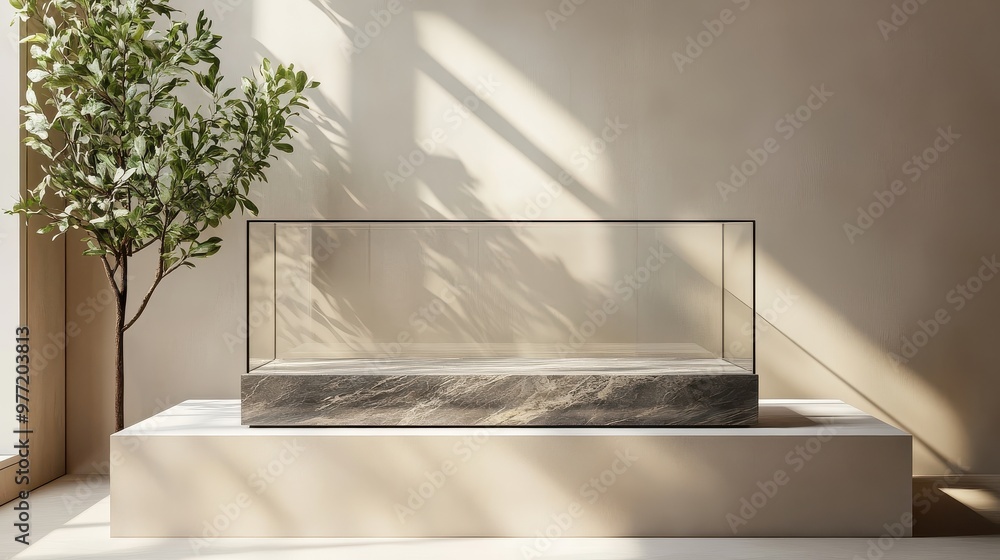 Poster glass display case mockup with minimalistic design
