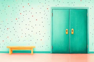 shool - Minimalist illustration of a green door in a simple room with a small bench. Soft colors and clean design.