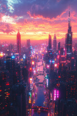 Fototapeta premium Futuristic City, A vibrant cityscape at sunset filled with colorful lights and advanced technology, showcasing a stunning skyline and lively atmosphere