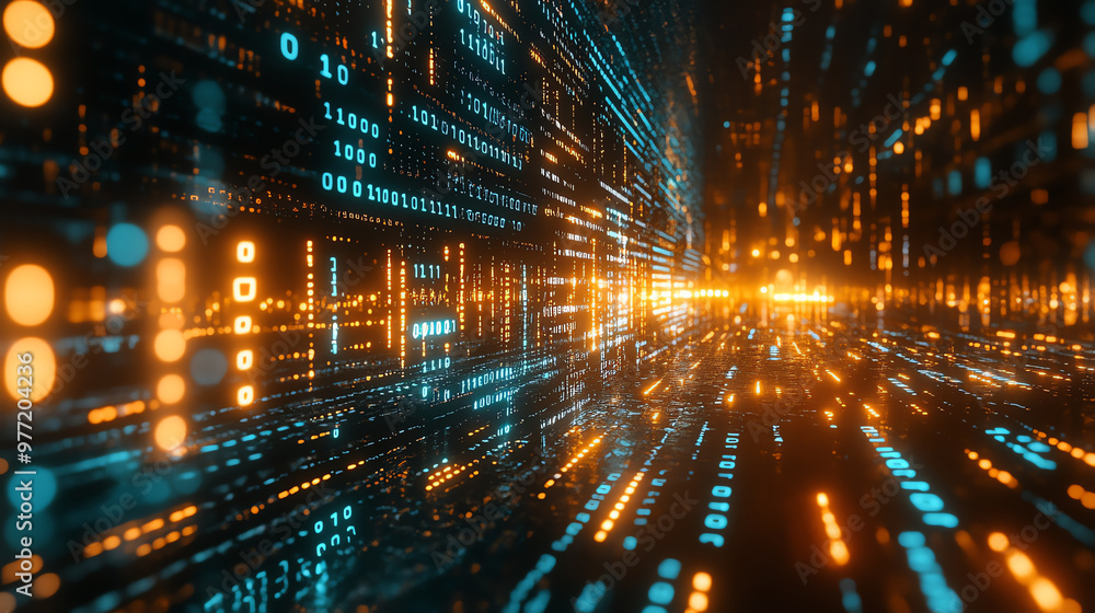Poster a vibrant digital landscape with flowing data streams illuminated by glowing lights, ideal for futur