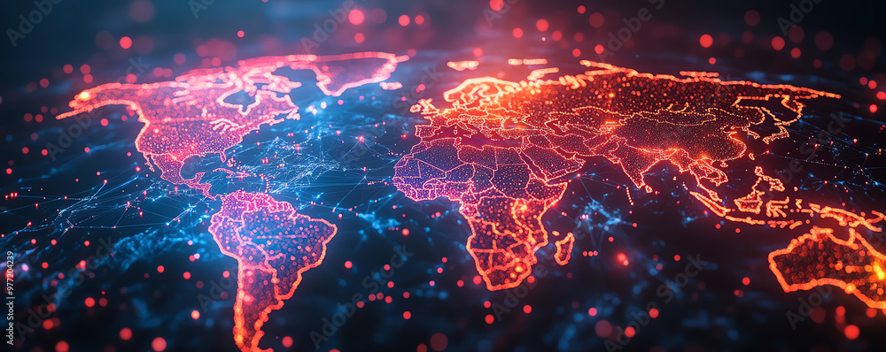 Poster a vibrant digital world map illuminated with glowing lines and dots, representing global connections