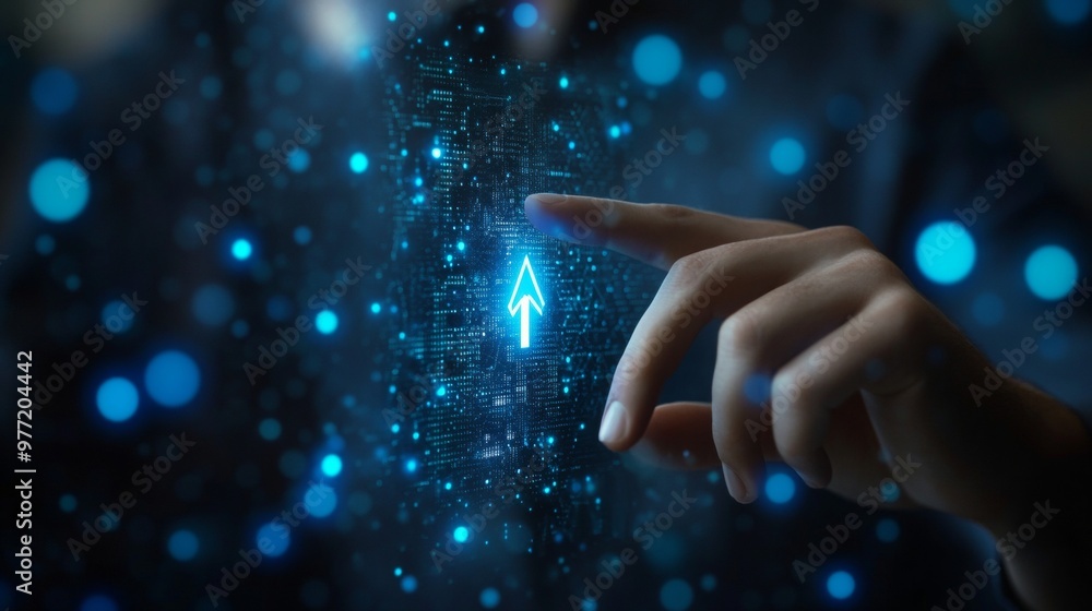 Aufkleber businessman touching a virtual screen with an arrow-up icon on a digital interface. this is a busine