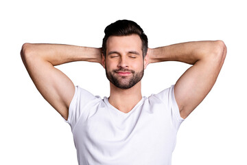 Close-up portrait of his he nice-looking attractive cheery bearded guy having rest chill out serenity isolated over gray pastel violet purple background