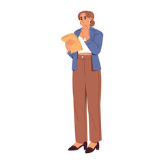 Modern businesswoman reading documents, thinking. Thoughtful business woman in stylish clothes pondering. Puzzled employee with papers in hand. Flat isolated vector illustration on white background