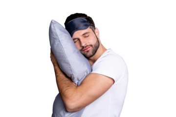 Close-up portrait of his he nice attractive bearded guy holding in hands pillow drowsiness going to bed sleeping quietly calmly isolated over gray pastel violet purple background