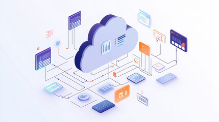 Cloud file integration and migration,  illustration showing cloud API integration with data streams and digital connections