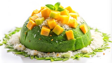 Vibrant green kenkey dough on white, topped with a mixture of diced mango and pineapple, and garnished with a sprinkle of shredded coconut