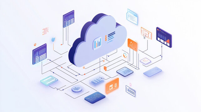 Cloud file integration and migration,  illustration showing cloud API integration with data streams and digital connections