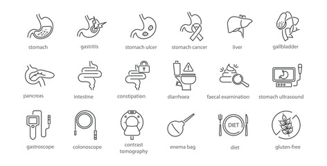 Gastroenterology line icon set. Liver, gallbladder, pancreas, gluten free diet, diarrhea, feces, ct, digestion, ultrasound, ulcer, duodenum, bile vector illustration. Editable Strokes