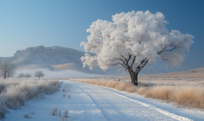 A lone tree stands in a snowy landscape, showcasing the serene beauty of winter.