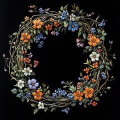 A vibrant floral wreath featuring variety of colorful flowers, including violets, bluebells, and orange blossoms, set against black background. This artwork captures beauty of nature and evokes sense