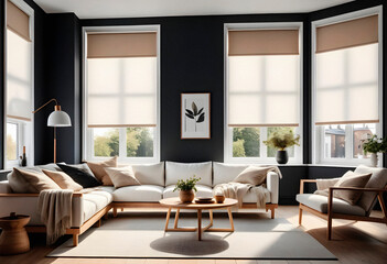 Interior of modern living room with black walls and white sofa, coffee table and window. 3d render. AI generated