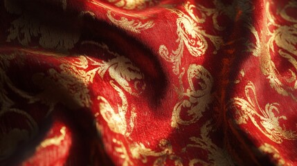 Close-up of luxurious red velvet fabric with intricate golden patterns and rich textures