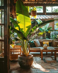 Fototapeta premium Cozy Patio with Banana Plant in Large Pot and Tropical Decor