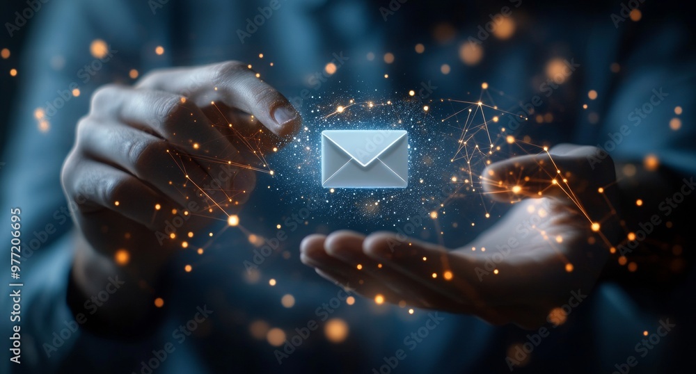 Canvas Prints businessman touching a white email icon floating on a blue background with dots, a business and tech