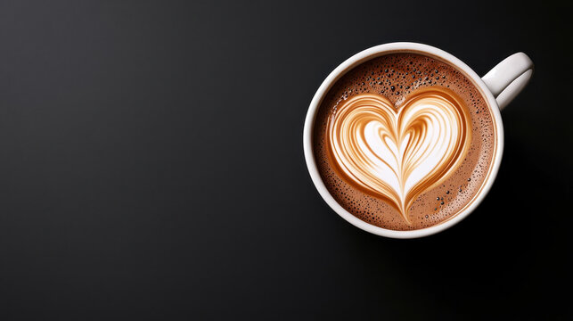 Heart-shaped latte art in a white coffee cup on a dark background, showcasing a delicious hot beverage