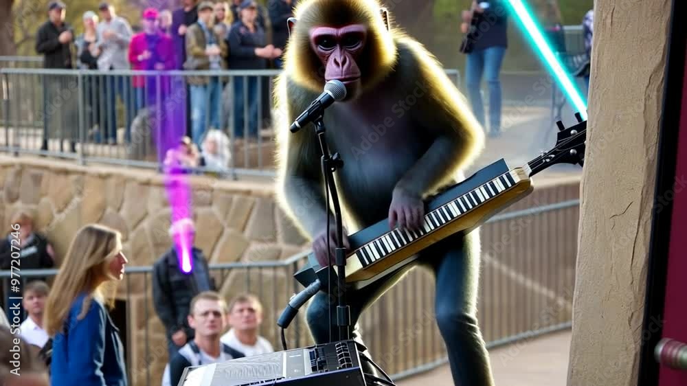 Aufkleber monkey performing on stage with a keyboard in a lively outdoor setting generative ai