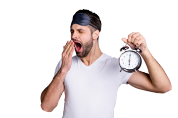 Portrait of his he nice-looking attractive tired bearded guy holding in hand clock waking up isolated over gray pastel violet purple background