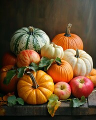 Close-up of pumpkins, apples, and squash on rustic wooden table in autumn harvest scene