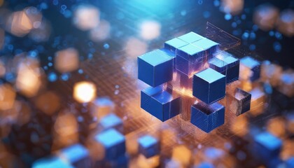 Floating cubes with depth of field on a futuristic 3D background