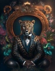 A leopard in a tuxedo sits in front of a golden ornate frame, surrounded by colorful floral details.