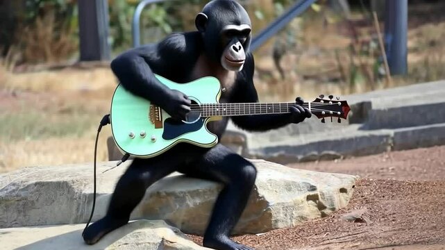 Chimpanzee Playing Guitar on a Sunny Day in a Natural Setting Generative AI