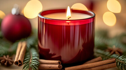 A Christmas scene with a lit red candle surrounded by cinnamon sticks, evergreen branches, and a red ornament, with warm bokeh lights creating a festive atmosphere in the background