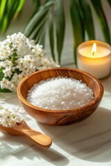 A serene composition featuring salt, a candle, and flowers, perfect for spa or wellness themes in a calming setting.