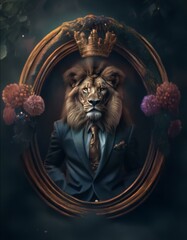 Obraz premium A lion with a mane of brown fur wears a blue suit with a gold tie and sits in a gold oval frame.