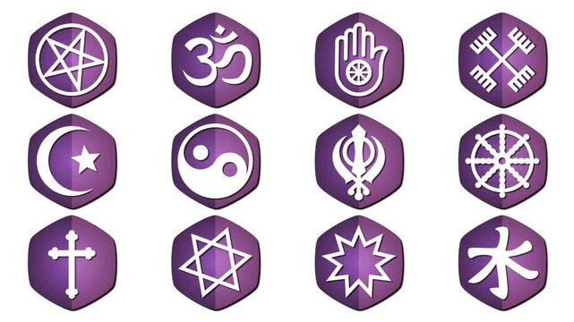 World Religion Symbols,12 icons on transparent background (alpha channel) perfect loop 3 sec