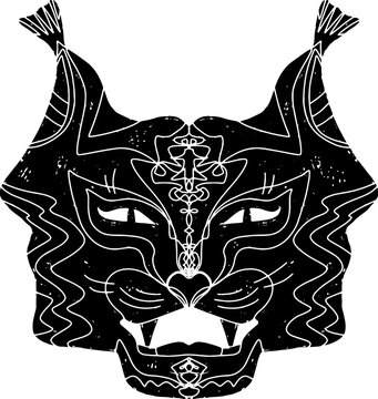 recommend clip art: Lynx mask, cat's muzzle. Linocut style element texture surface vector