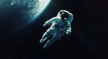 An astronaut floats in space, with Earth visible behind him. He is wearing a space suit. There are many stars around him, and 5K realistic science fiction, 3D sci-fi art