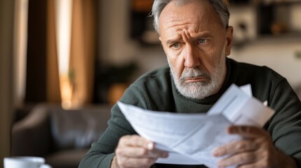 Man sitting at desk with concerned expression, holding stack of papers symbolizing financial stress and national debt, emphasizing personal and economic challenges.
